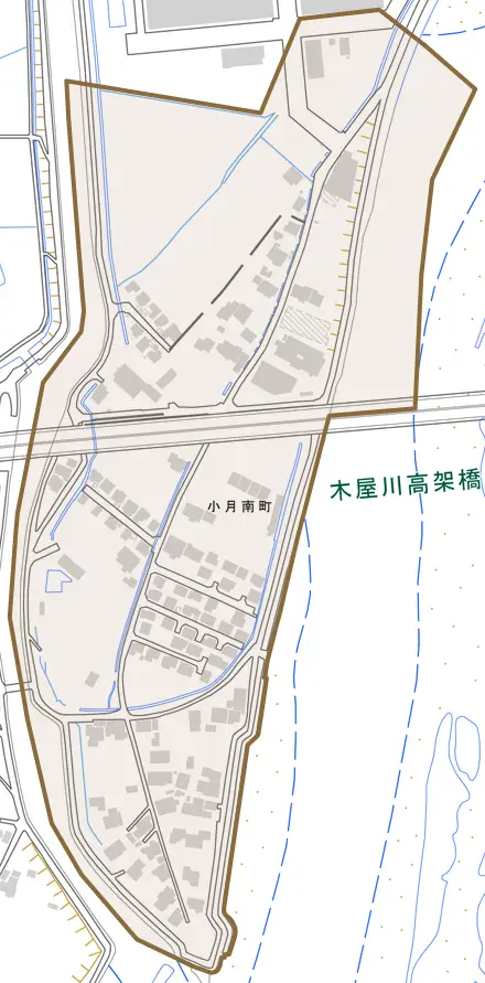 小月南町とその周辺の地図。町の範囲を重ねている