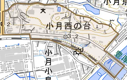 小月西の台とその周辺の地図。町の範囲を重ねている