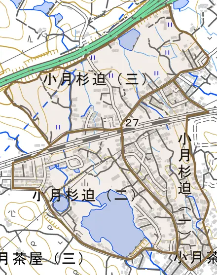 小月杉迫とその周辺の地図。町の範囲を重ねている