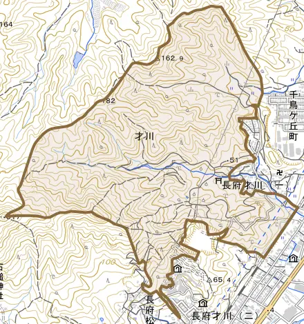 大字才川とその周辺の地図。町の範囲を重ねている