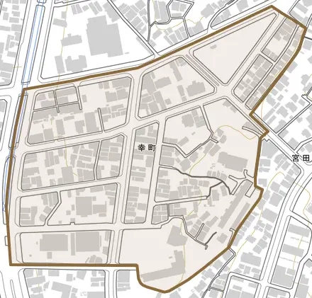 幸町とその周辺の地図。町の範囲を重ねている