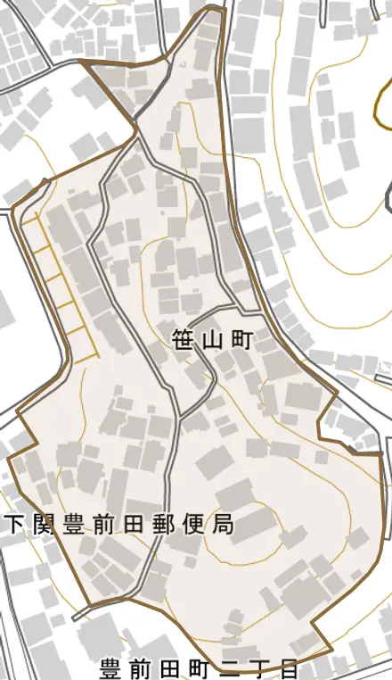 笹山町とその周辺の地図。町の範囲を重ねている