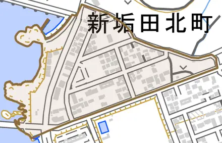 新垢田北町とその周辺の地図。町の範囲を重ねている