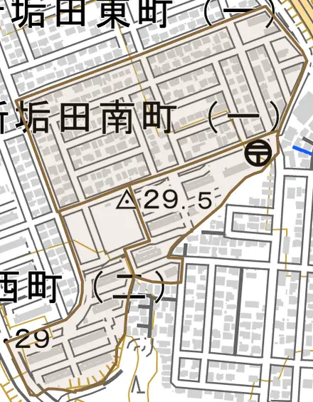 新垢田南町とその周辺の地図。町の範囲を重ねている