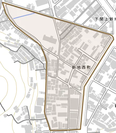 新地西町とその周辺の地図。町の範囲を重ねている