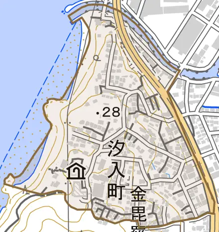 汐入町とその周辺の地図。町の範囲を重ねている