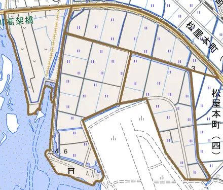 白崎とその周辺の地図。町の範囲を重ねている