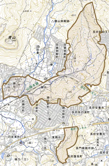 大字勝谷とその周辺の地図。町の範囲を重ねている