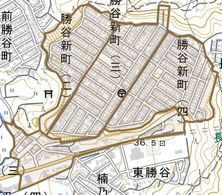 勝谷新町とその周辺の地図。町の範囲を重ねている