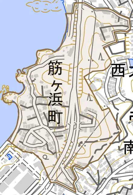 筋ケ浜町とその周辺の地図。町の範囲を重ねている