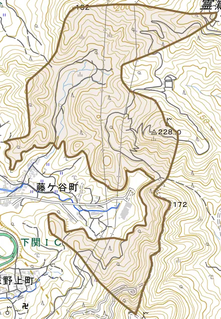 大字藤ケ谷とその周辺の地図。町の範囲を重ねている