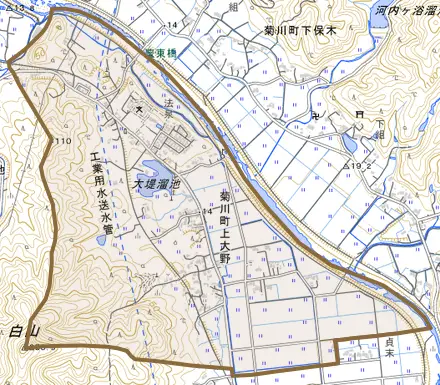 菊川町大字上大野とその周辺の地図。町の範囲を重ねている