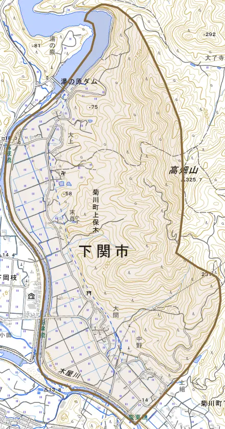 菊川町大字上保木とその周辺の地図。町の範囲を重ねている