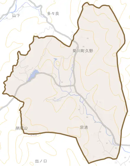 菊川町大字久野とその周辺の地図。町の範囲を重ねている