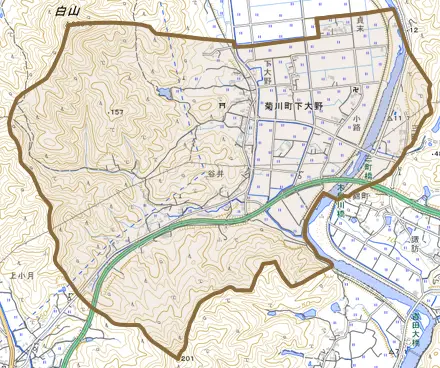 菊川町大字下大野とその周辺の地図。町の範囲を重ねている