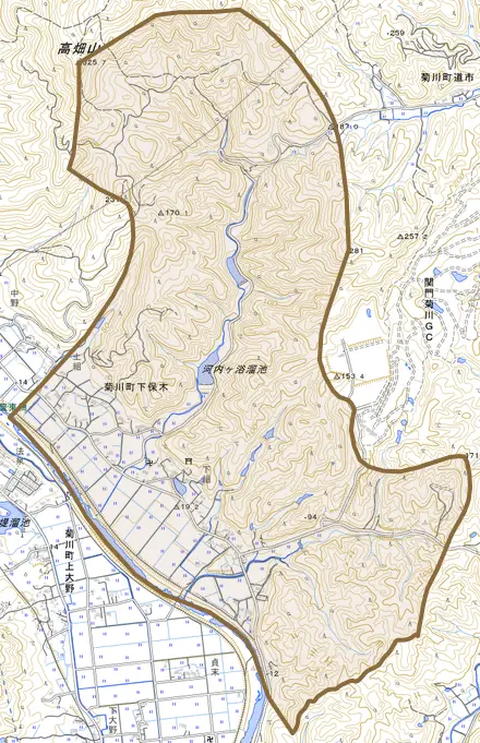 菊川町大字下保木とその周辺の地図。町の範囲を重ねている