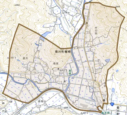 菊川町大字楢崎とその周辺の地図。町の範囲を重ねている