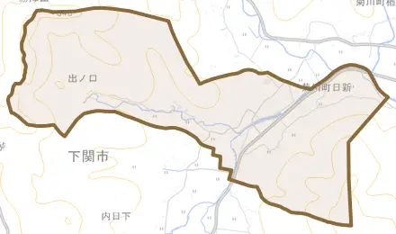 菊川町大字日新とその周辺の地図。町の範囲を重ねている