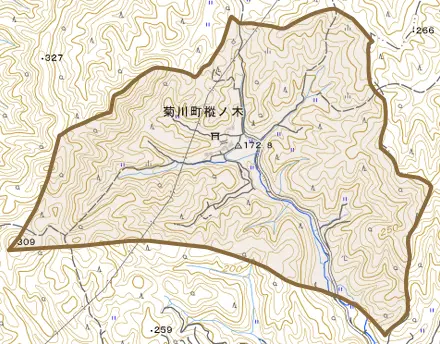 菊川町大字樅ノ木とその周辺の地図。町の範囲を重ねている