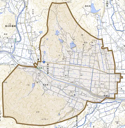 菊川町大字吉賀とその周辺の地図。町の範囲を重ねている