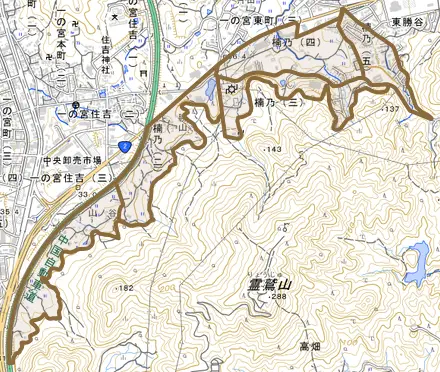 楠乃とその周辺の地図。町の範囲を重ねている