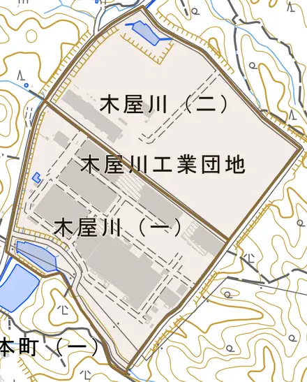 木屋川とその周辺の地図。町の範囲を重ねている