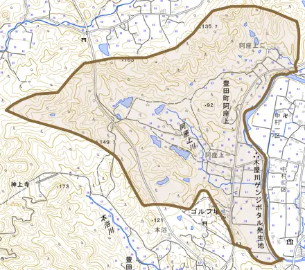 豊田町大字阿座上とその周辺の地図。町の範囲を重ねている