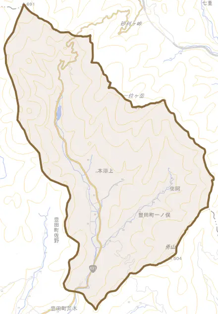 豊田町大字一ノ俣とその周辺の地図。町の範囲を重ねている