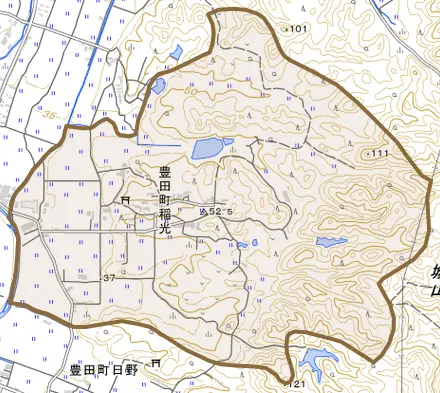 豊田町大字稲光とその周辺の地図。町の範囲を重ねている