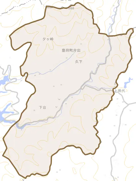 豊田町大字今出とその周辺の地図。町の範囲を重ねている