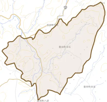 豊田町大字浮石とその周辺の地図。町の範囲を重ねている