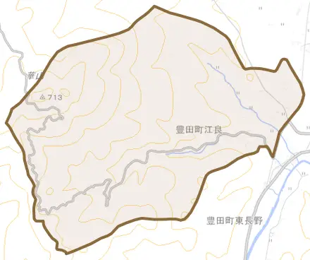 豊田町大字江良とその周辺の地図。町の範囲を重ねている