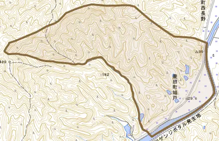豊田町大字城戸とその周辺の地図。町の範囲を重ねている