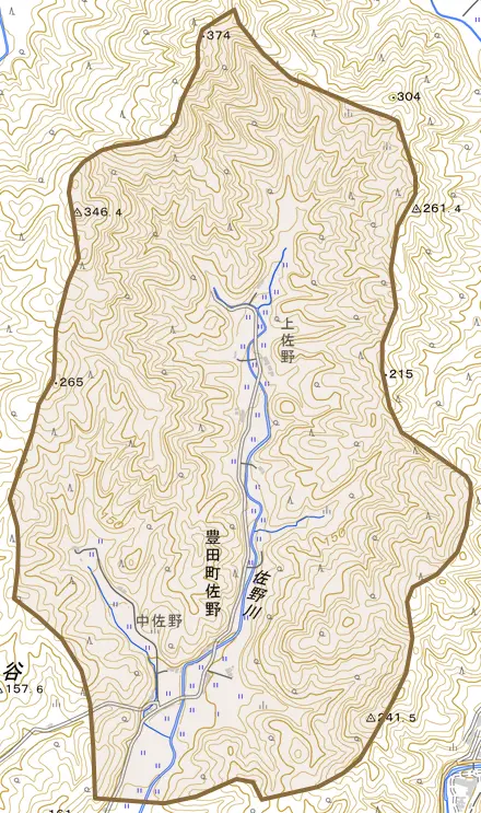 豊田町大字佐野とその周辺の地図。町の範囲を重ねている