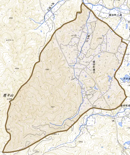 豊田町大字鷹子とその周辺の地図。町の範囲を重ねている