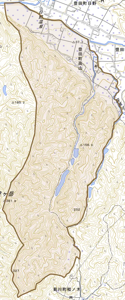 豊田町大字高山とその周辺の地図。町の範囲を重ねている