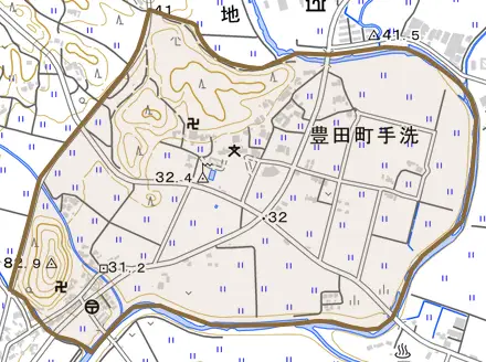 豊田町大字手洗とその周辺の地図。町の範囲を重ねている