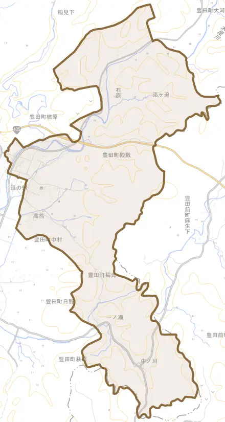 豊田町大字殿敷とその周辺の地図。町の範囲を重ねている