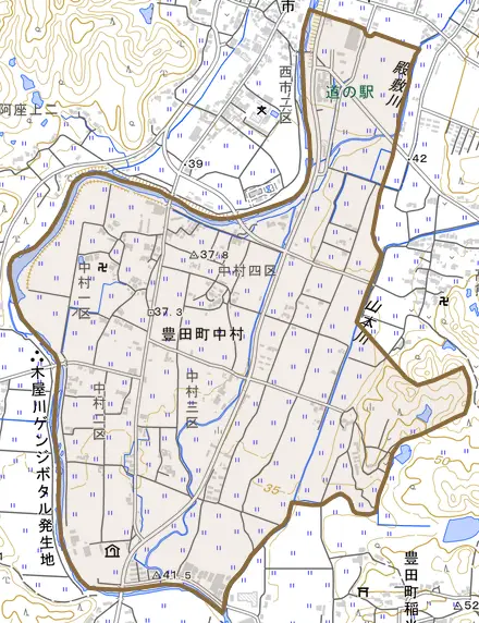 豊田町大字中村とその周辺の地図。町の範囲を重ねている