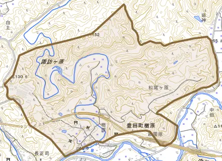 豊田町大字楢原とその周辺の地図。町の範囲を重ねている