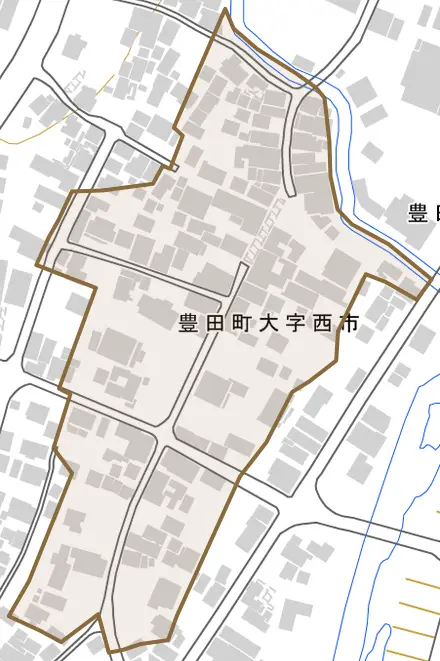 豊田町大字西市とその周辺の地図。町の範囲を重ねている