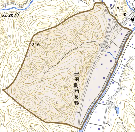 豊田町大字西長野とその周辺の地図。町の範囲を重ねている