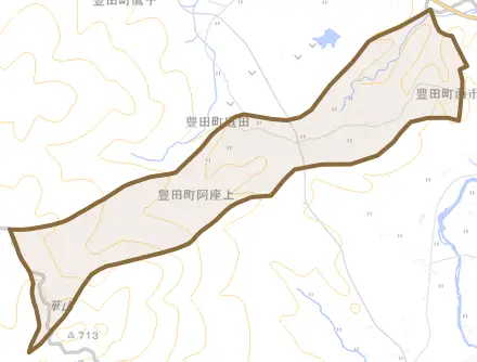 豊田町大字庭田とその周辺の地図。町の範囲を重ねている