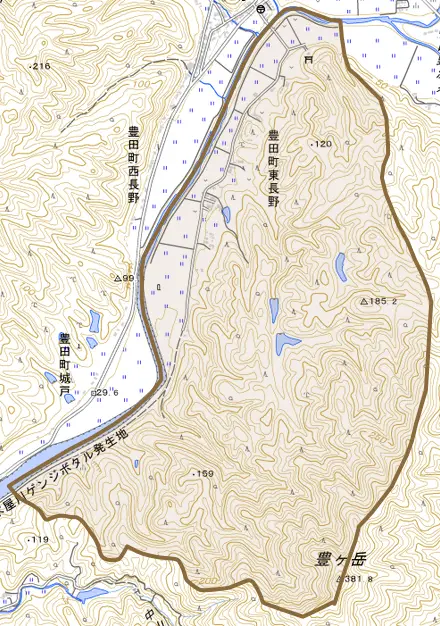豊田町大字東長野とその周辺の地図。町の範囲を重ねている