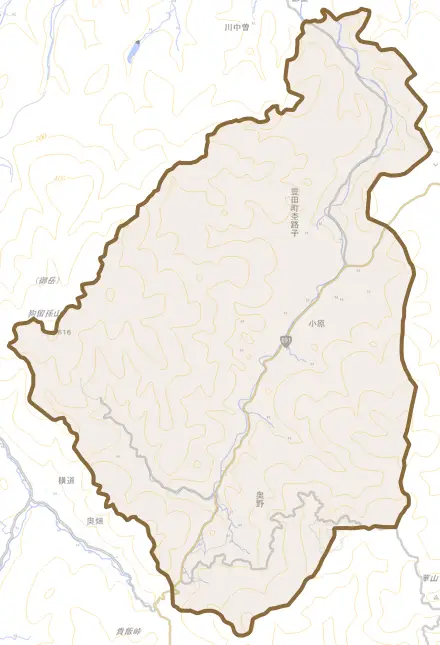 豊田町大字杢路子とその周辺の地図。町の範囲を重ねている