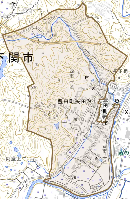 豊田町大字矢田とその周辺の地図。町の範囲を重ねている