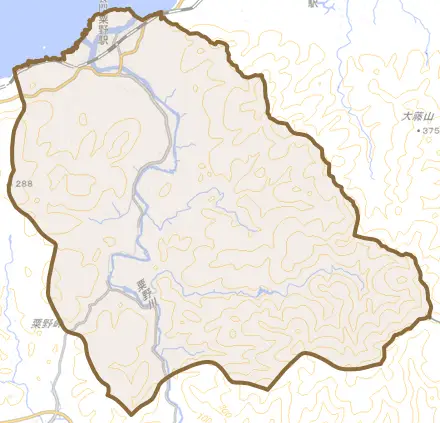 豊北町大字粟野とその周辺の地図。町の範囲を重ねている