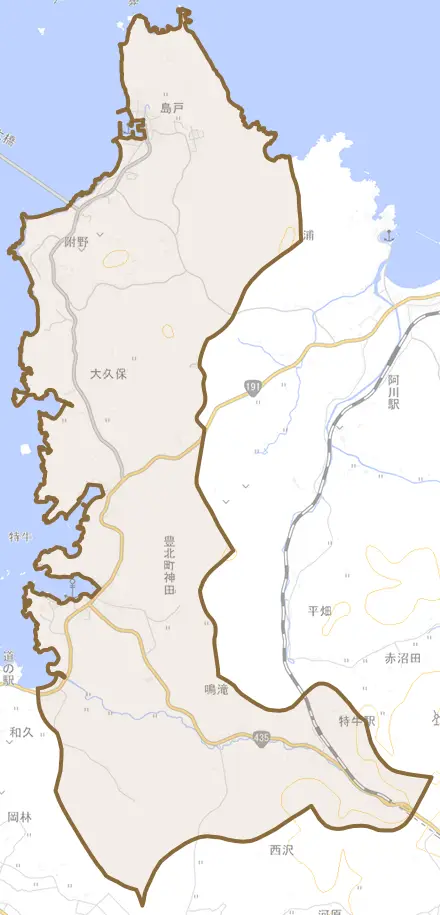 豊北町大字神田とその周辺の地図。町の範囲を重ねている