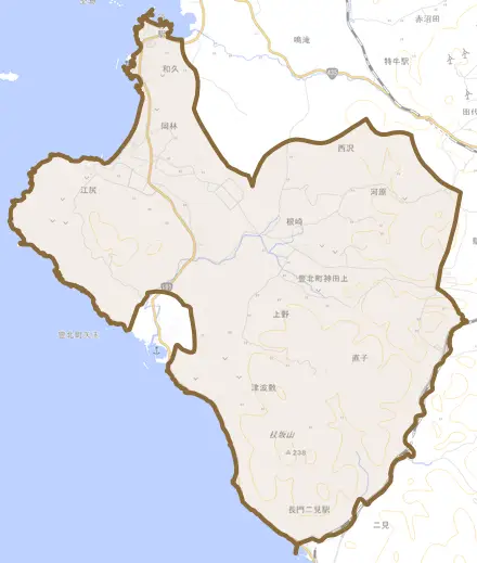 豊北町大字神田上とその周辺の地図。町の範囲を重ねている