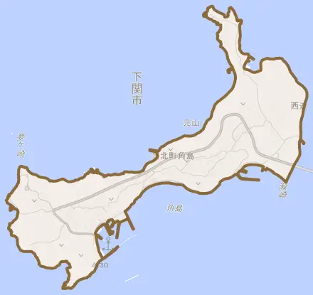 豊北町大字角島とその周辺の地図。町の範囲を重ねている